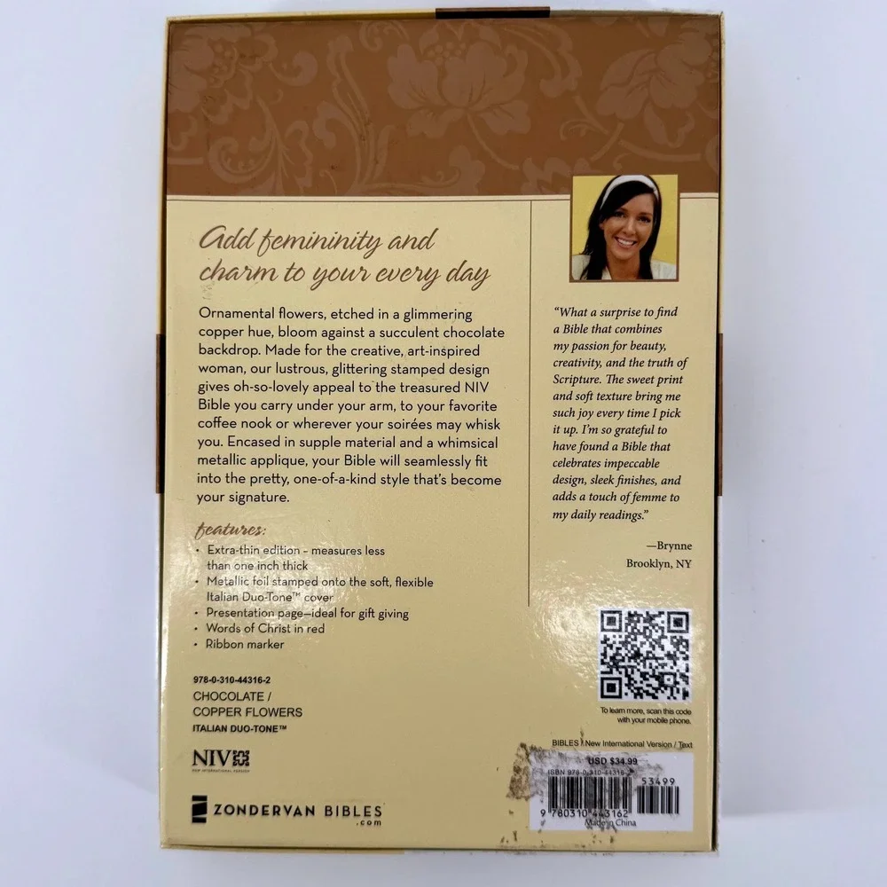 Zondervan NIV Bible Chocolate Brown Copper Flowers Italian Duo-Tone Floral